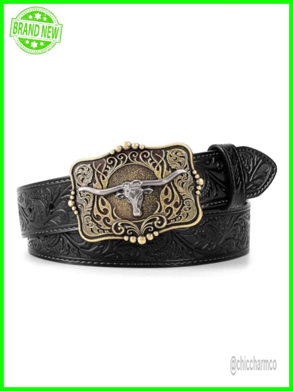 Embossed Leather Western Belt Longhorn Buckle Adjustable Fit